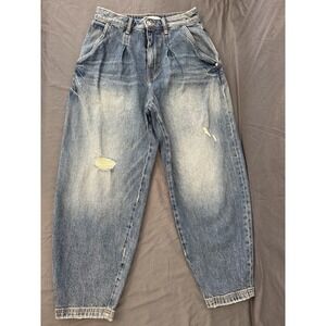 Zara High Waisted Barrel Leg Pleated Distressed Jeans Blue Size 2 8228/026/407